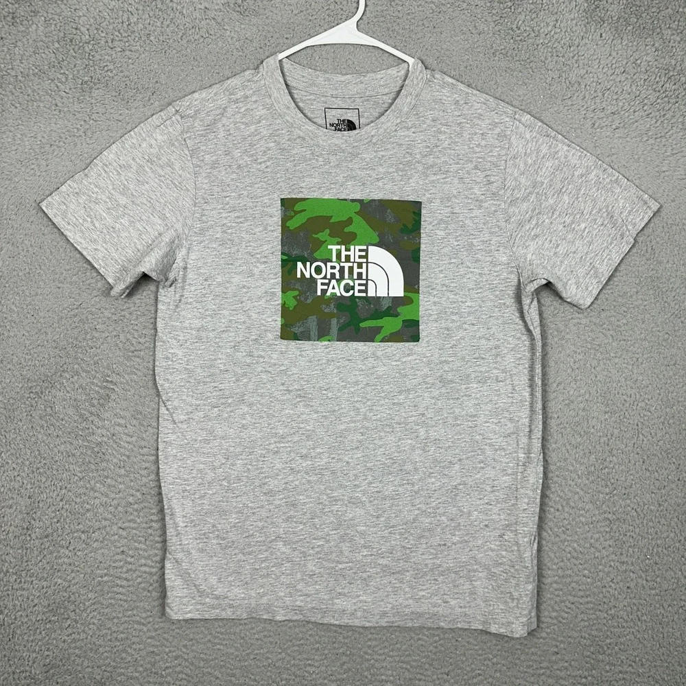The North Face T Shirt Mens M Box Logo Camo Grey Graphic Tee Short Sleeve EUC